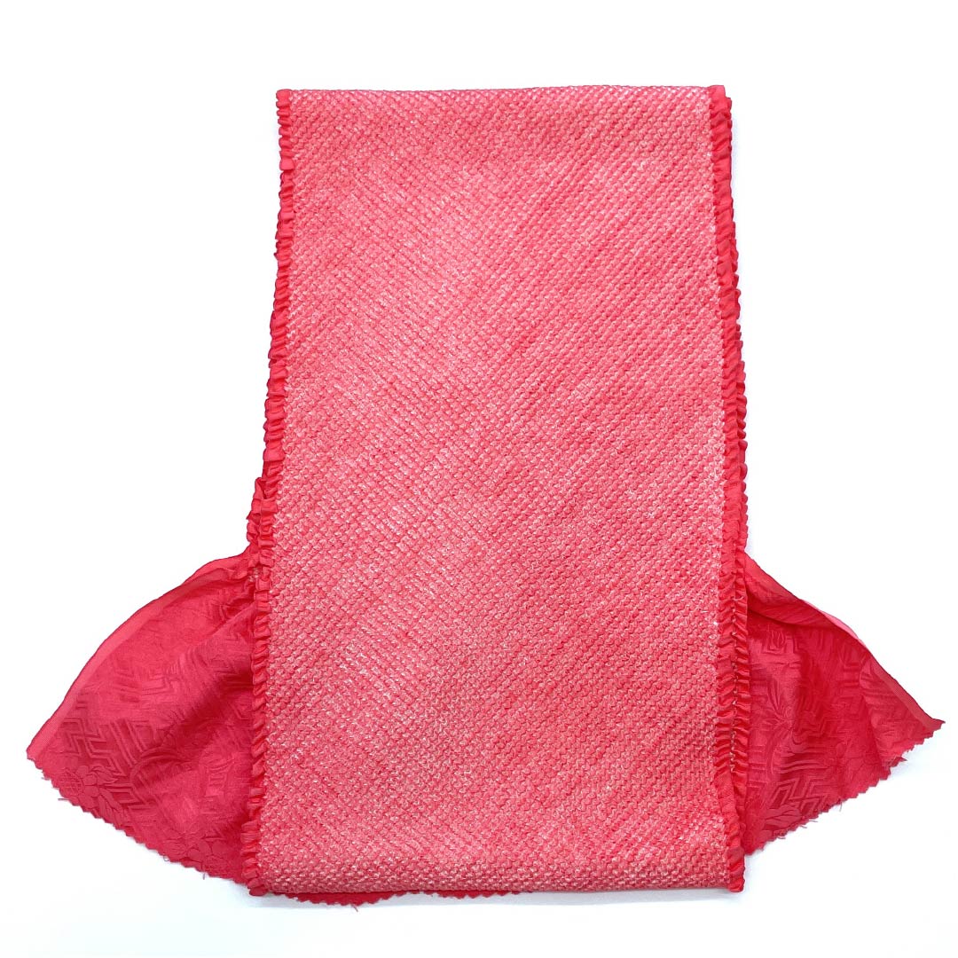 帯揚げ 正絹 フォーマル 莟紅梅色（つぼみこうばいいろ） 振袖用 鹿の子絞り 長さ約136cm 幅約19cm Sランク 赤系 1136000902912