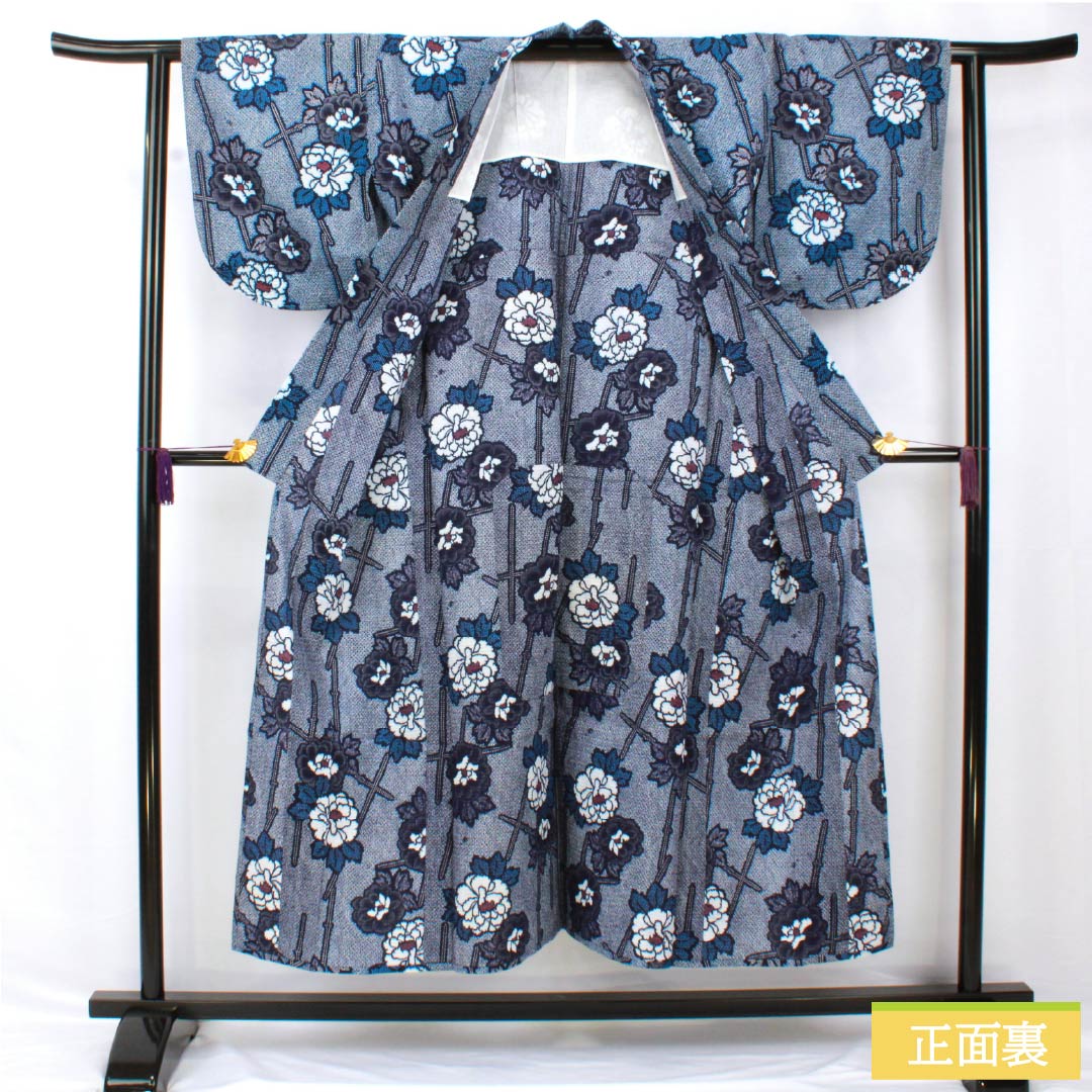 Yukata Cotton Length 149.5cm Sleeve length 62cm S rank Single layer Navy Deep navy Ripple Peony 1118005302118