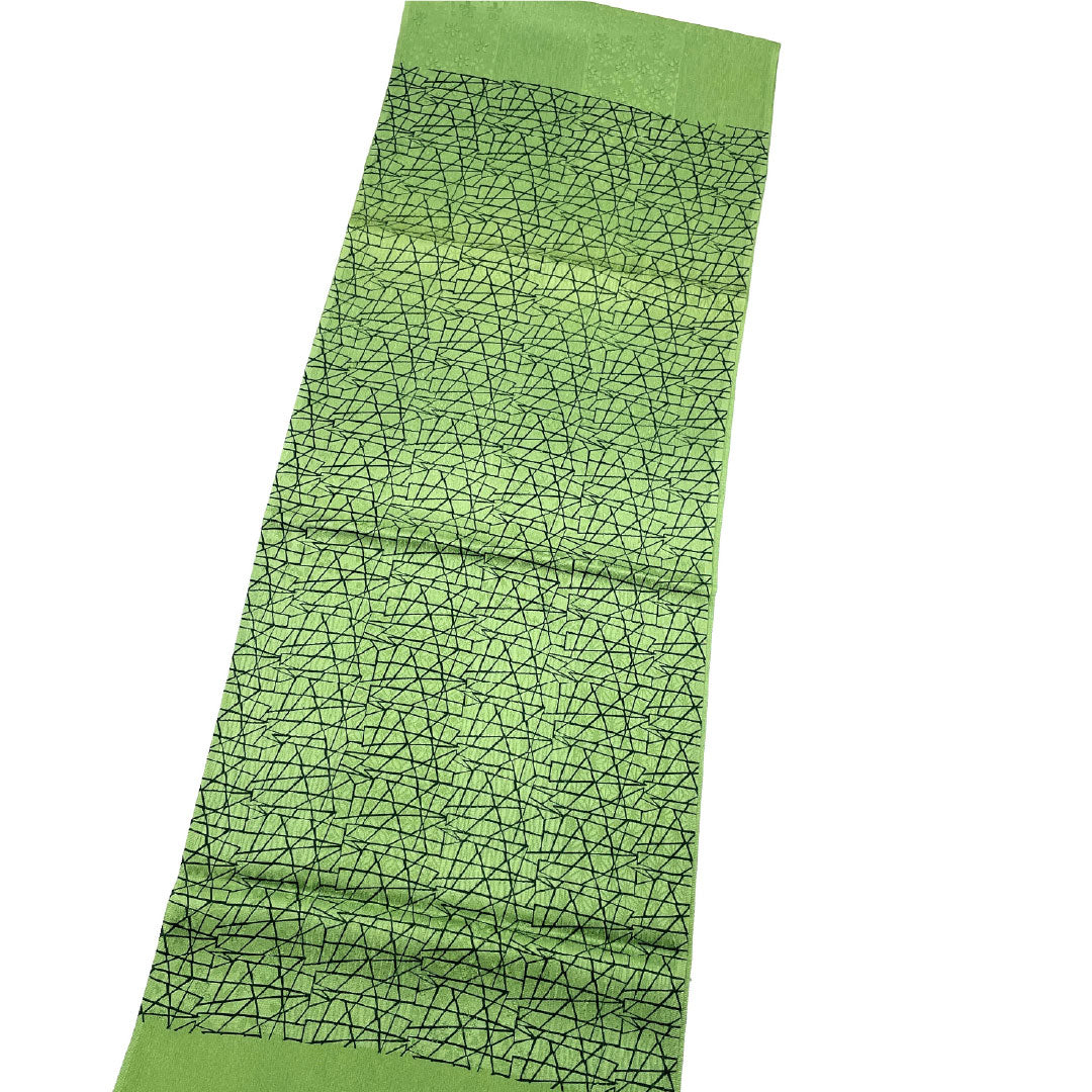 (Like New) Silk Obiage (Sash) - New, Casual, Bushukan Color, Geometric Pattern with Cherry Blossoms and Hemp Leaves, Approximately 182cm Long, 30cm Wide, Green, Item Number: 1136001121919