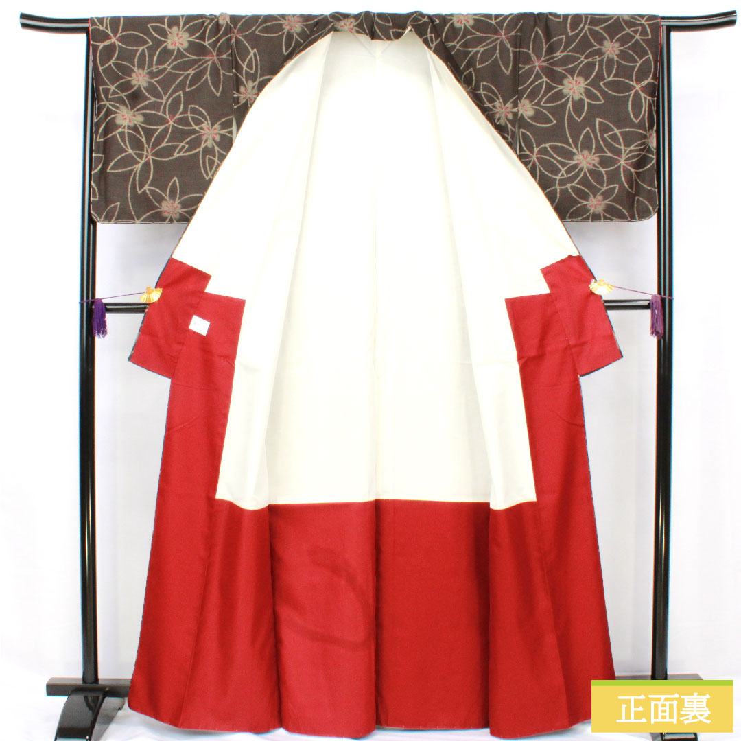 小紋 ポリエステル 身丈163.5cm 裄丈66cm 袷 黒橡色（くろつるばみいろ） 洗える着物 抽象花 しつけ糸付き 未使用品 Sランク 黒系 1115004932410