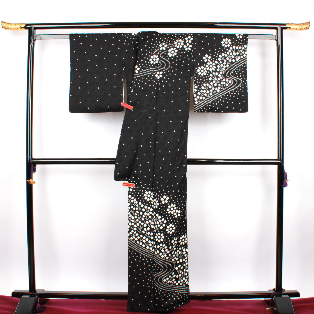 訪問着 袷 身丈159.5cm 裄丈62cm 絞り 花模様 正絹 Aランク 黒系 1112001693310