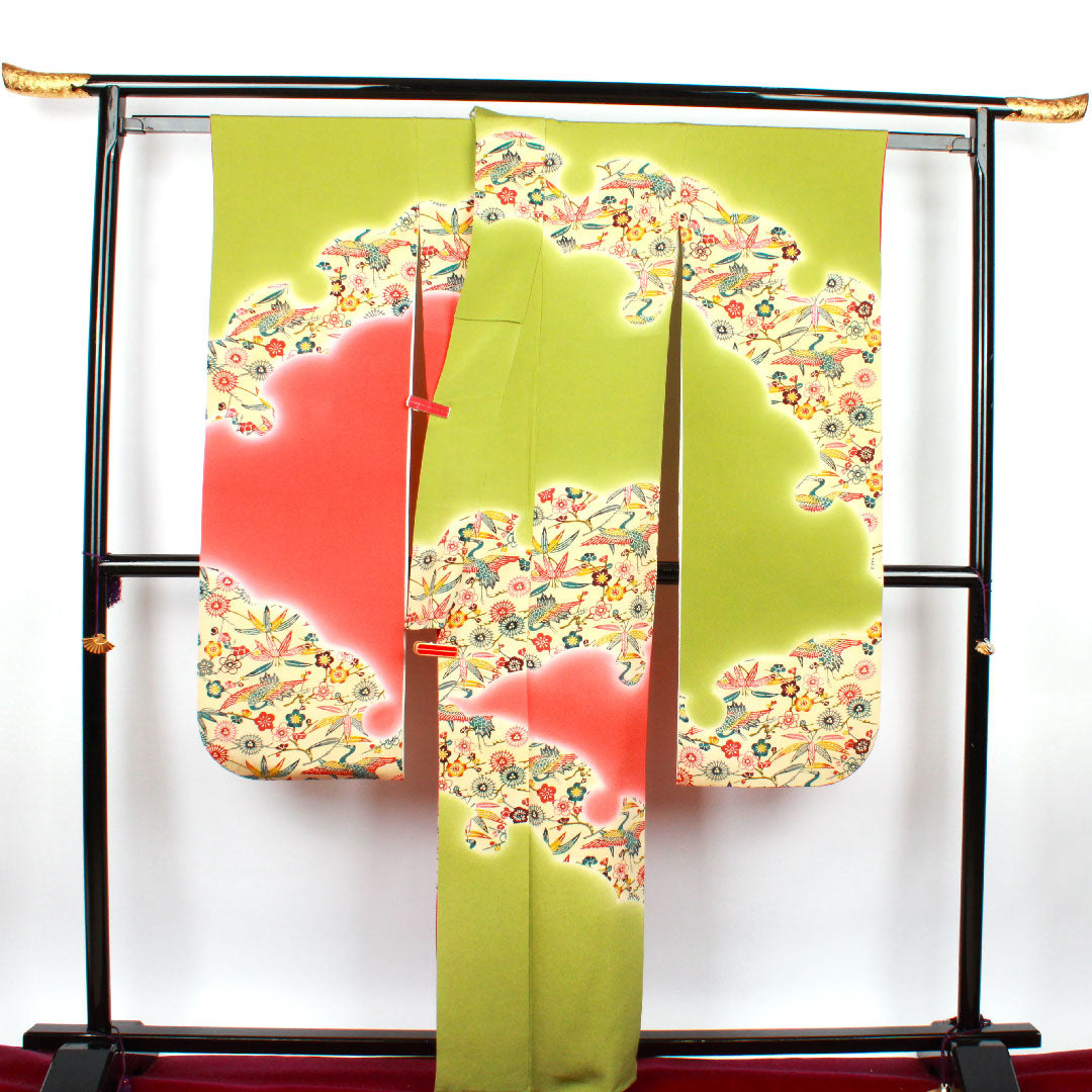 振袖 身丈162cm 裄丈65cm 袷  青丹色 京紅型 吉祥文様  正絹 Sランク 緑系 1113000872419