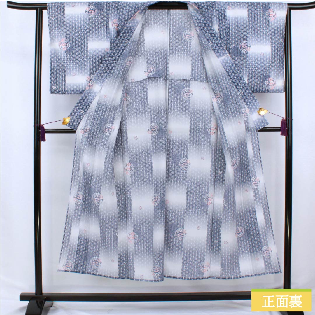 夏物 ポリエステル 小紋 身丈149cm 裄丈62cm 鉄蒲萄色（てつぶどういろ） 麻の葉 古典柄 洗える着物 絽 Aランク 紺系 1132002633118