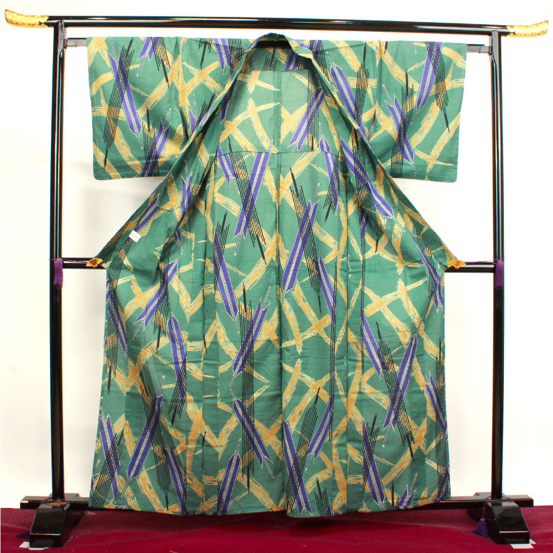 浴衣 萌葱色 幾何学模様 木綿 Aランク 単衣 身丈162cm 裄丈64.5cm 緑系 1118003963419