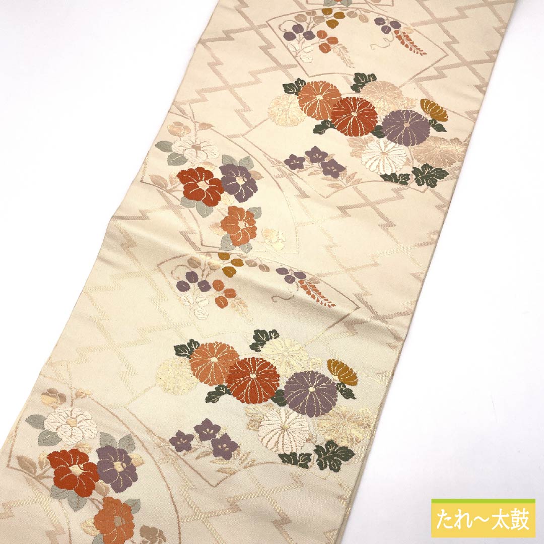 Nagoya Obi, Off-White (Kinari-iro), Fan Pattern, Chrysanthemum, and Camellia Design, 351cm Long, Pure Silk, Grade B, Six-Ply, Semi-Formal, Cream-Tone, Item Number: 1124008924315, Nagoya Style