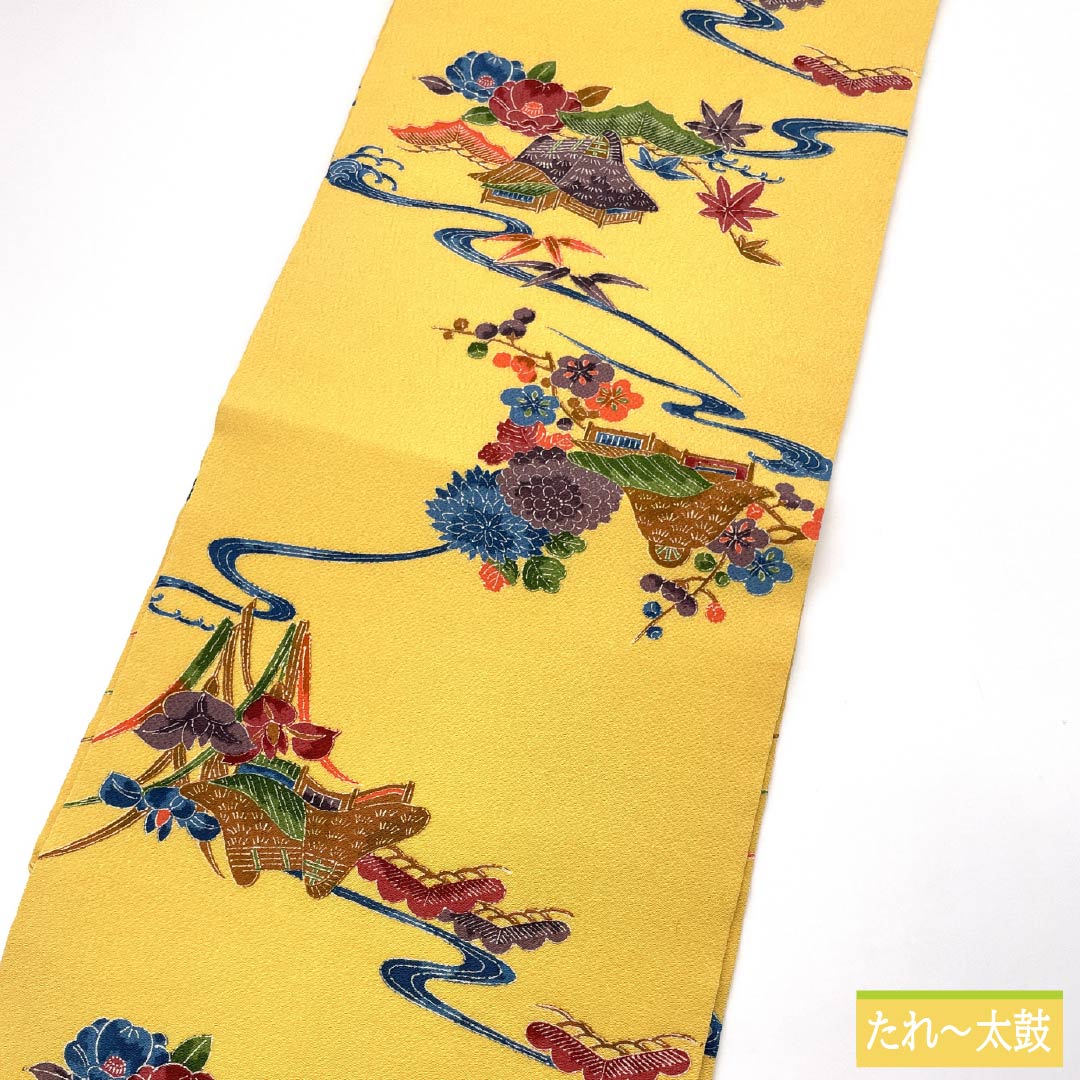 名古屋帯 正絹 Aランク 卵色（たまごいろ） ちりめん地 京紅型 三越ちりめん 帯丈347cm 全通 カジュアル 黄系 1124009193323 名古屋仕立て