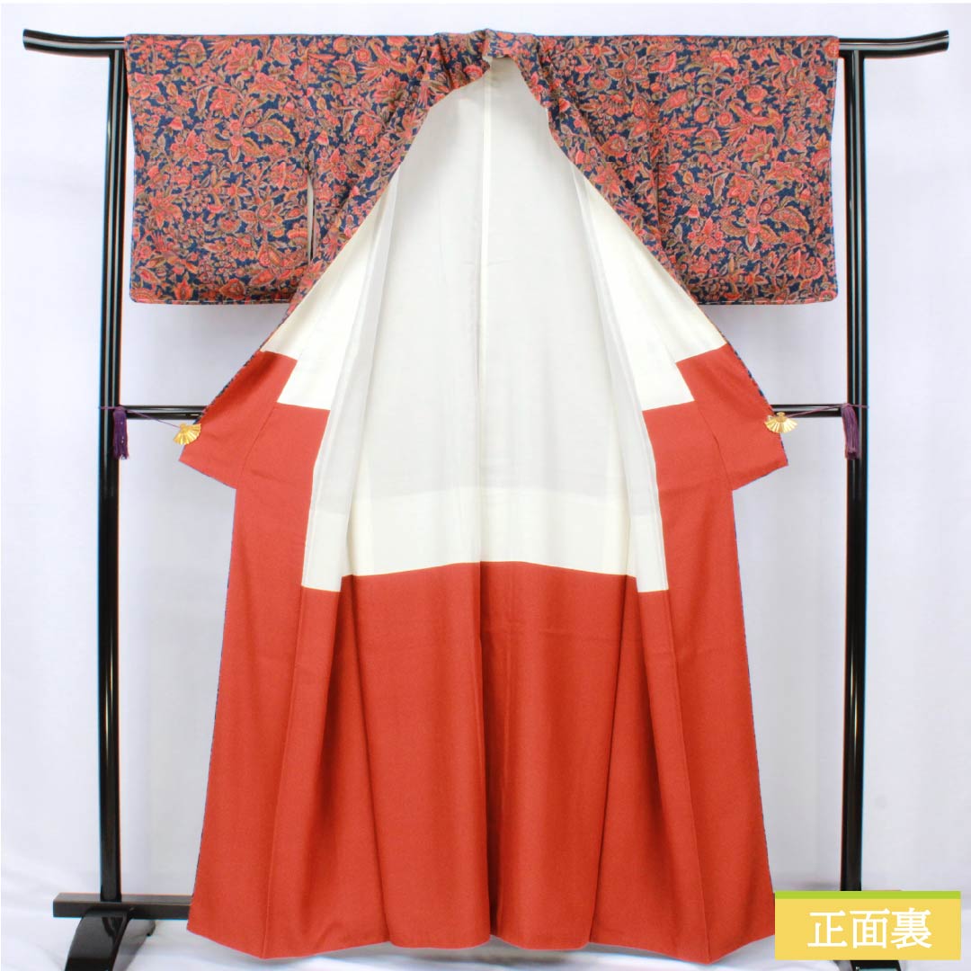 小紋 正絹 Sランク 身丈161cm 裄丈62.5cm 袷 鉄蒲萄色（てつぶどういろ） 更紗 しつけ糸付き 紺系 1115007142418