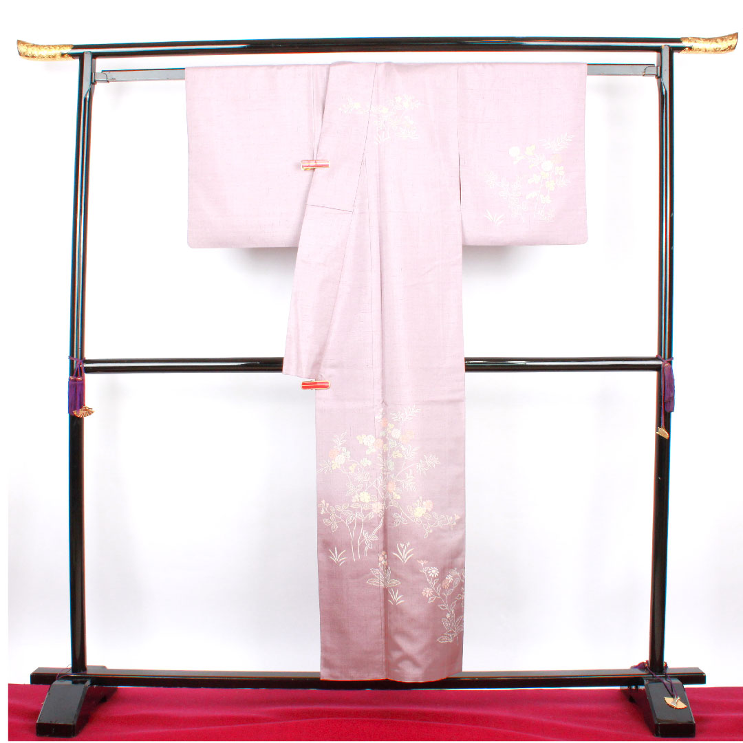 訪問着 袷 身丈153cm 裄丈60.5cm 草花模様 紬地 淡紅藤色 正絹 Aランク 紫系 1112001483220