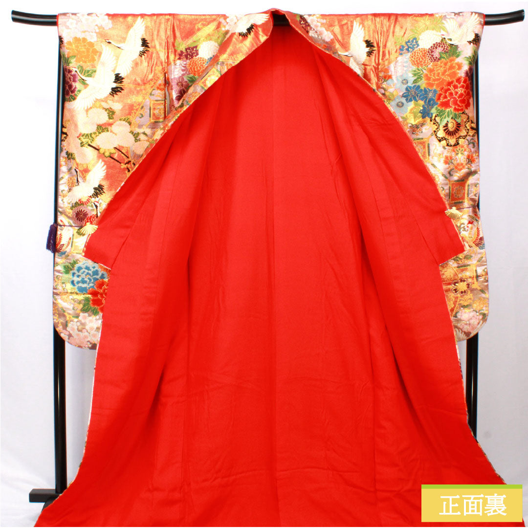 色打掛 正絹 Bランク 身丈195cm 裄丈69cm 唐織 鶴 鳳凰 花車 華文 袷 朱系 1110001034916