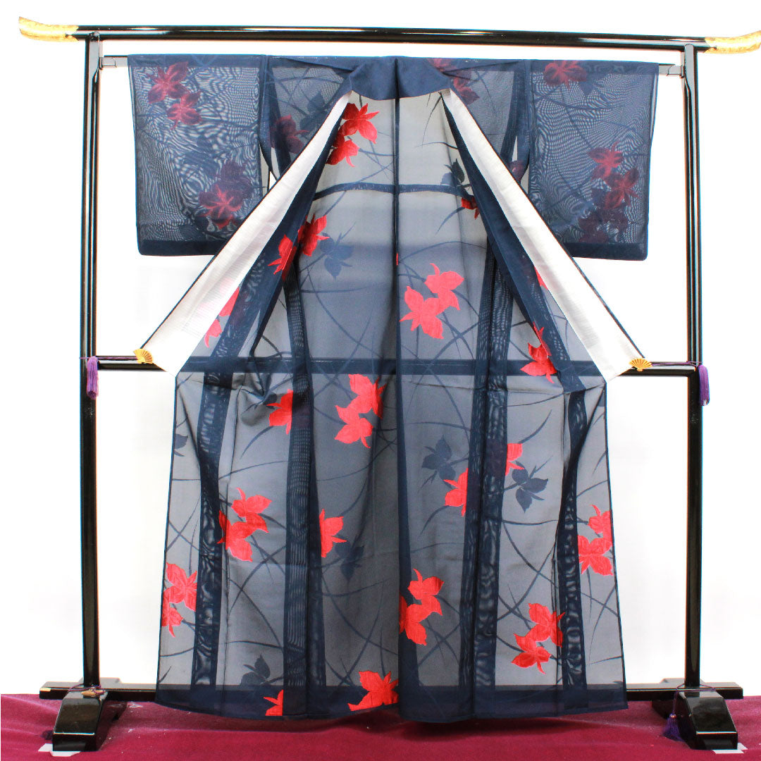 Summer pure silk komon length 164.5cm sleeve length 65cm dark navy abstract flower gauze rank S navy 1132001112418