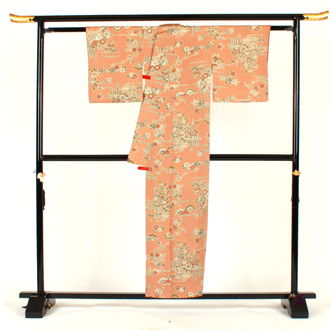 小紋 身丈154cm 裄丈61.5cm 袷  松竹梅 花籠 帛紗付き  正絹 Sランク 茶系 1115002042214