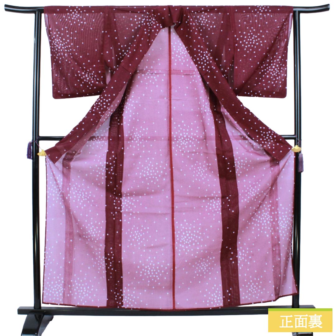 夏物 ポリエステル 小紋 Aランク 身丈162cm 裄丈63.5cm 壺菫色（つぼすみれいろ） ブロック柄 洗える着物 絽 紫系 1132003343420