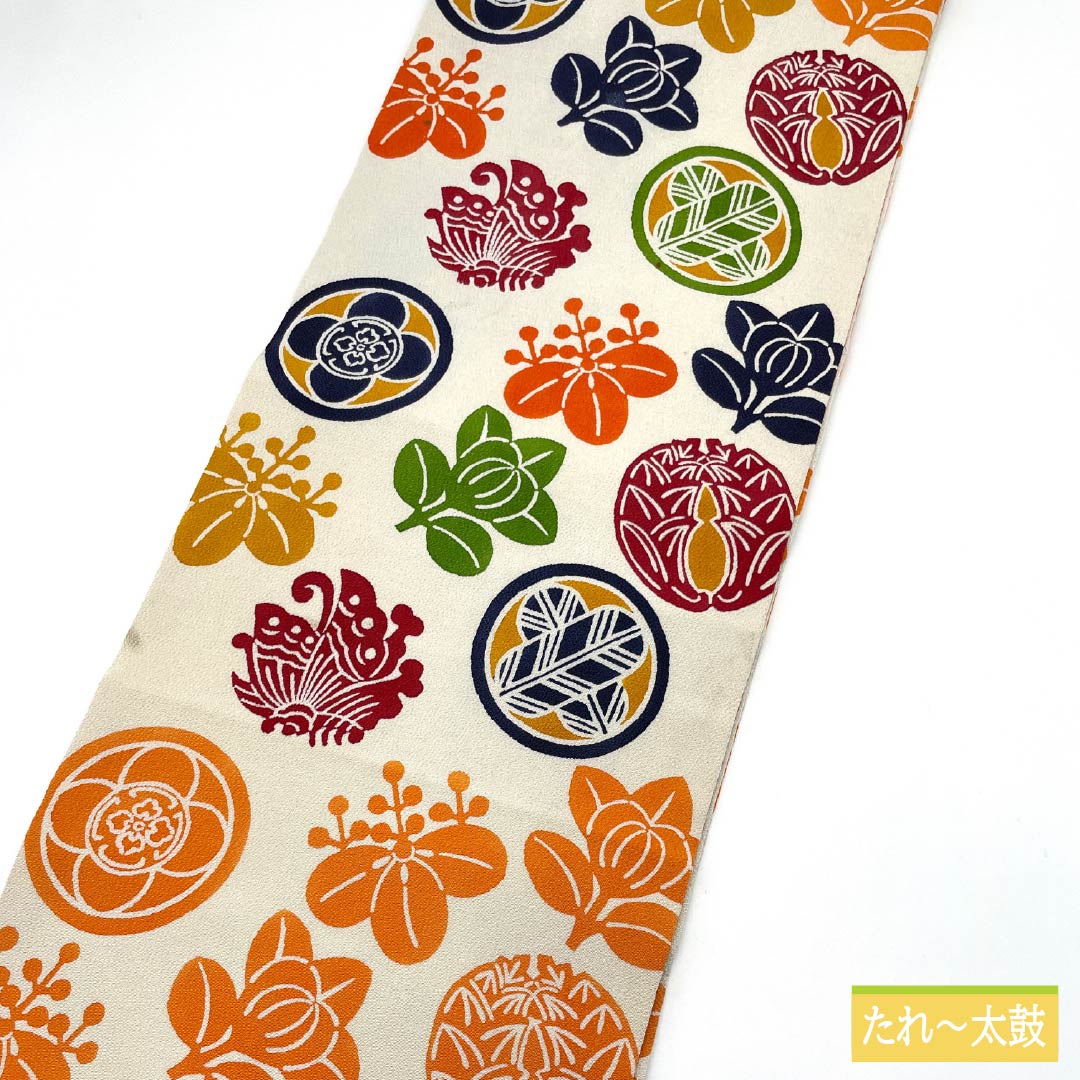 名古屋帯 胡粉色（ごふんいろ） 型染 ちりめん地 丸に紋 帯丈354cm 正絹 Aランク ポイント柄 カジュアル クリーム系 1124008163315 名古屋仕立て