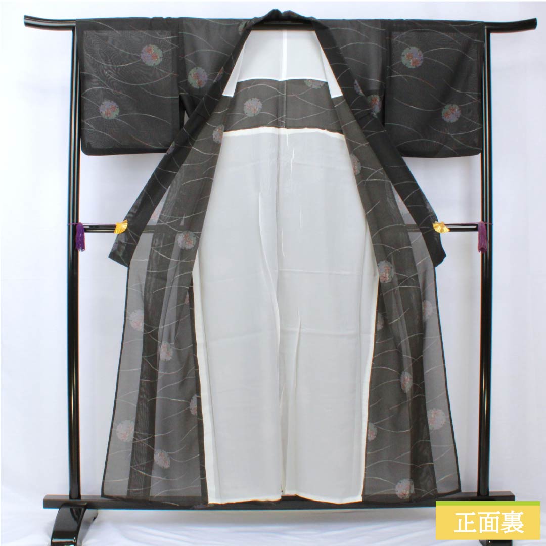 夏物 ポリエステル 小紋 身丈156cm 裄丈65cm 雪輪 露芝 洗える着物 紗 Sランク 黒系 1132001912310