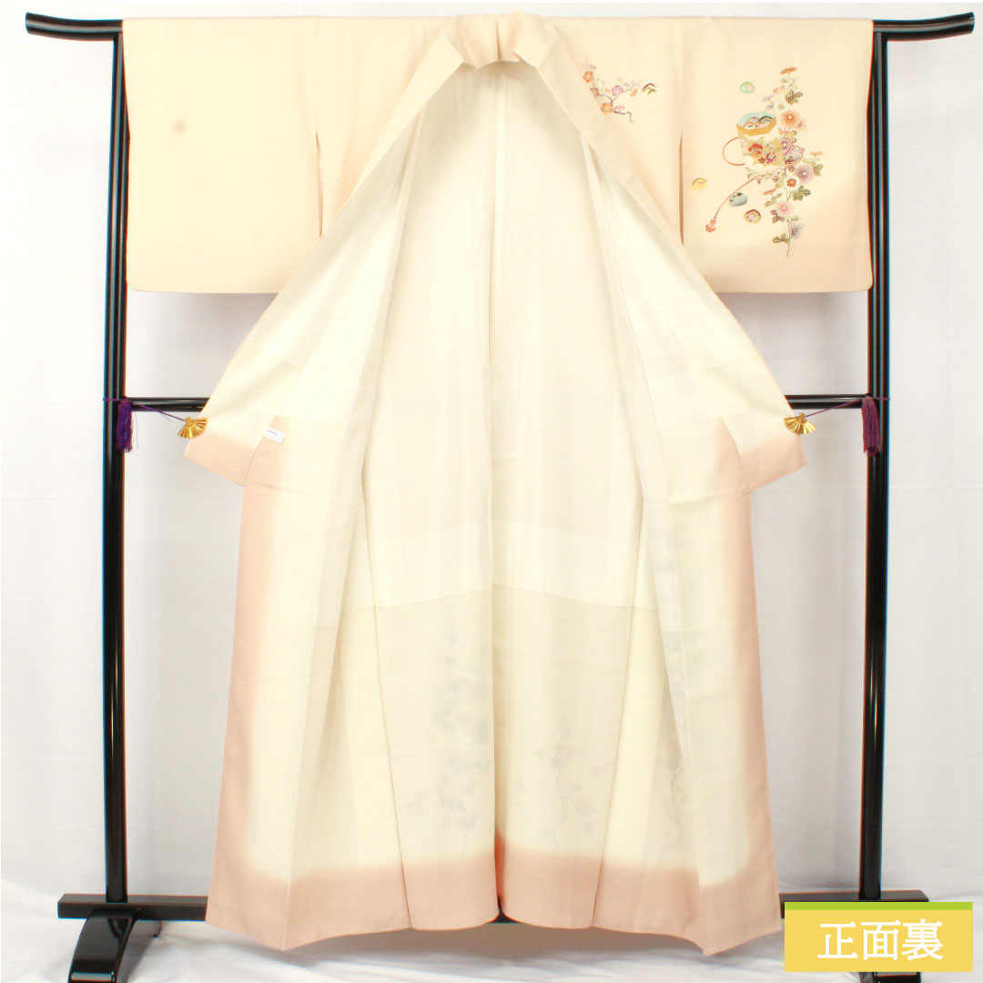 訪問着 正絹 袷 身丈158cm 裄丈64.5cm 砥粉色（とのこいろ） 京友禅 貝桶 吉祥文様 しあわせガード Aランク クリーム系 1112005803315