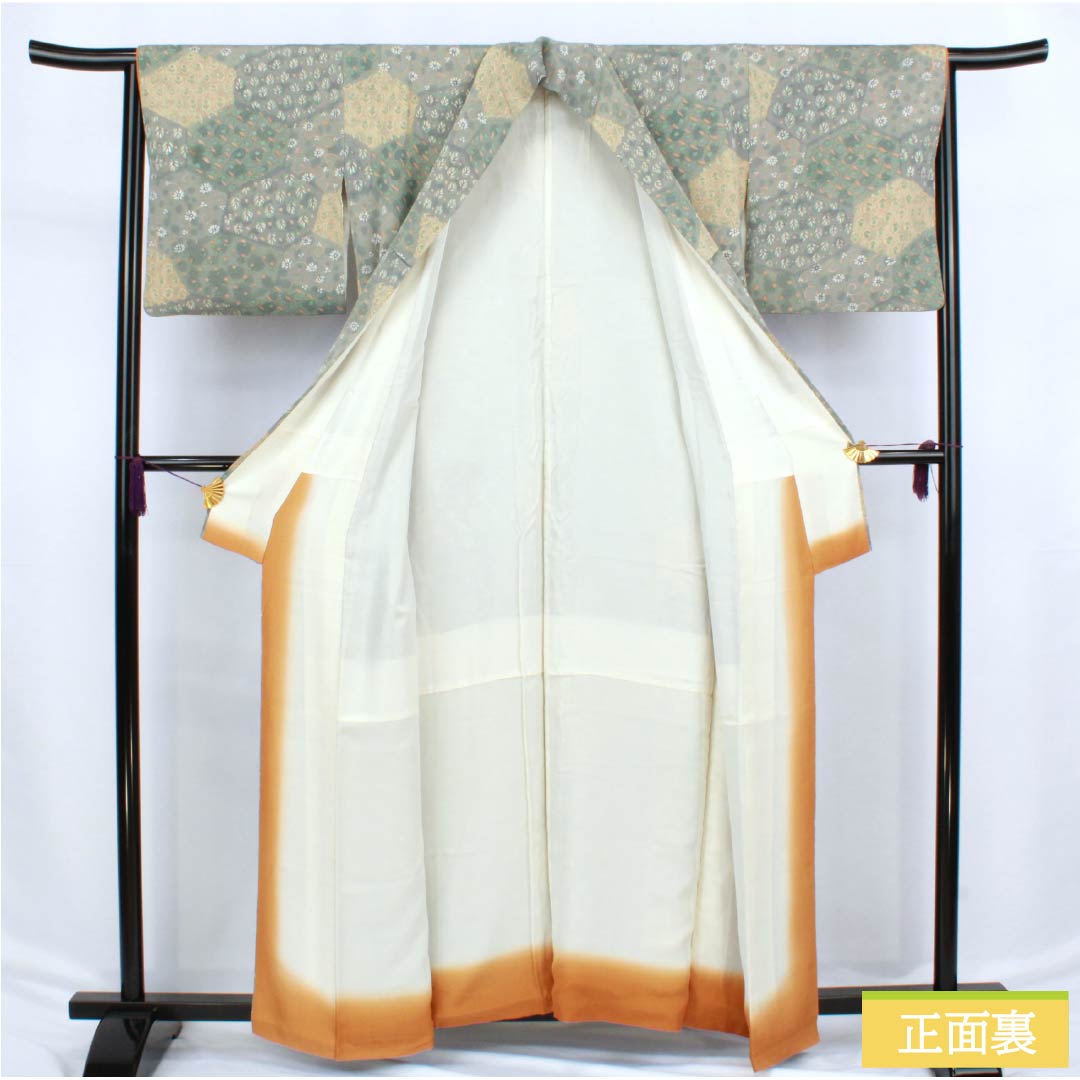 Komon silk S-rank kimono, length 159cm, sleeve length 64cm, lined, Rikyu gray (Rikyu Nezumiiro) crepe fabric, split, chintz, stencil dyed, green, 1115006522319