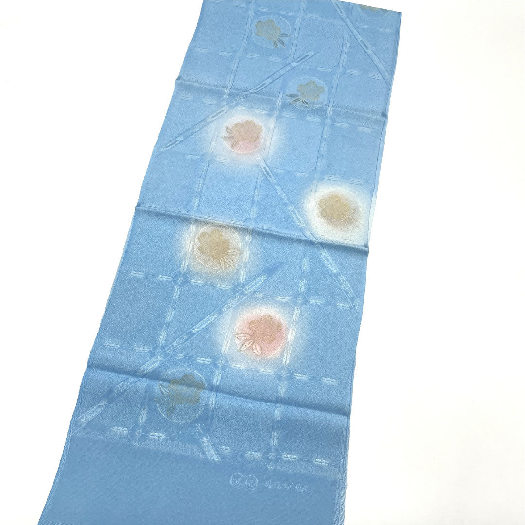 (Like New) Semi-Formal Silk Obiage (Sash) in Sky Blue (Sorairo) with Tango Chirimen Chirimen Checkered and Floral Pattern, Approximately 174cm Long, 32cm Wide, Blue, Product Number: 1136001331917
