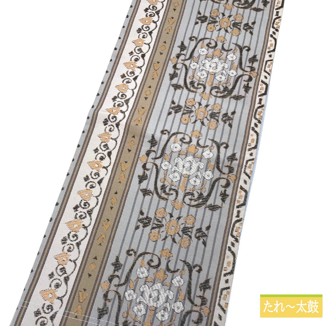 名古屋帯 錫色（すずいろ） エスニック調 京袋帯 帯丈360cm 正絹 Sランク 六通 カジュアル グレー系 1124006612322 開き仕立て