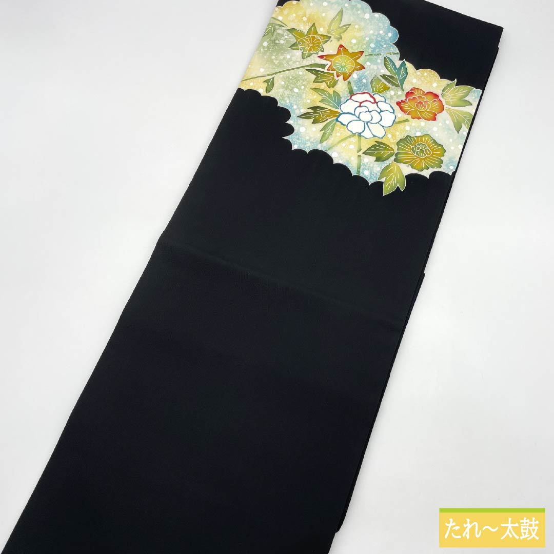 名古屋帯 正絹 Bランク 塩瀬 染め帯 草花模様 帯丈388cm ポイント柄 カジュアル 黒系 1124009824410 名古屋仕立て