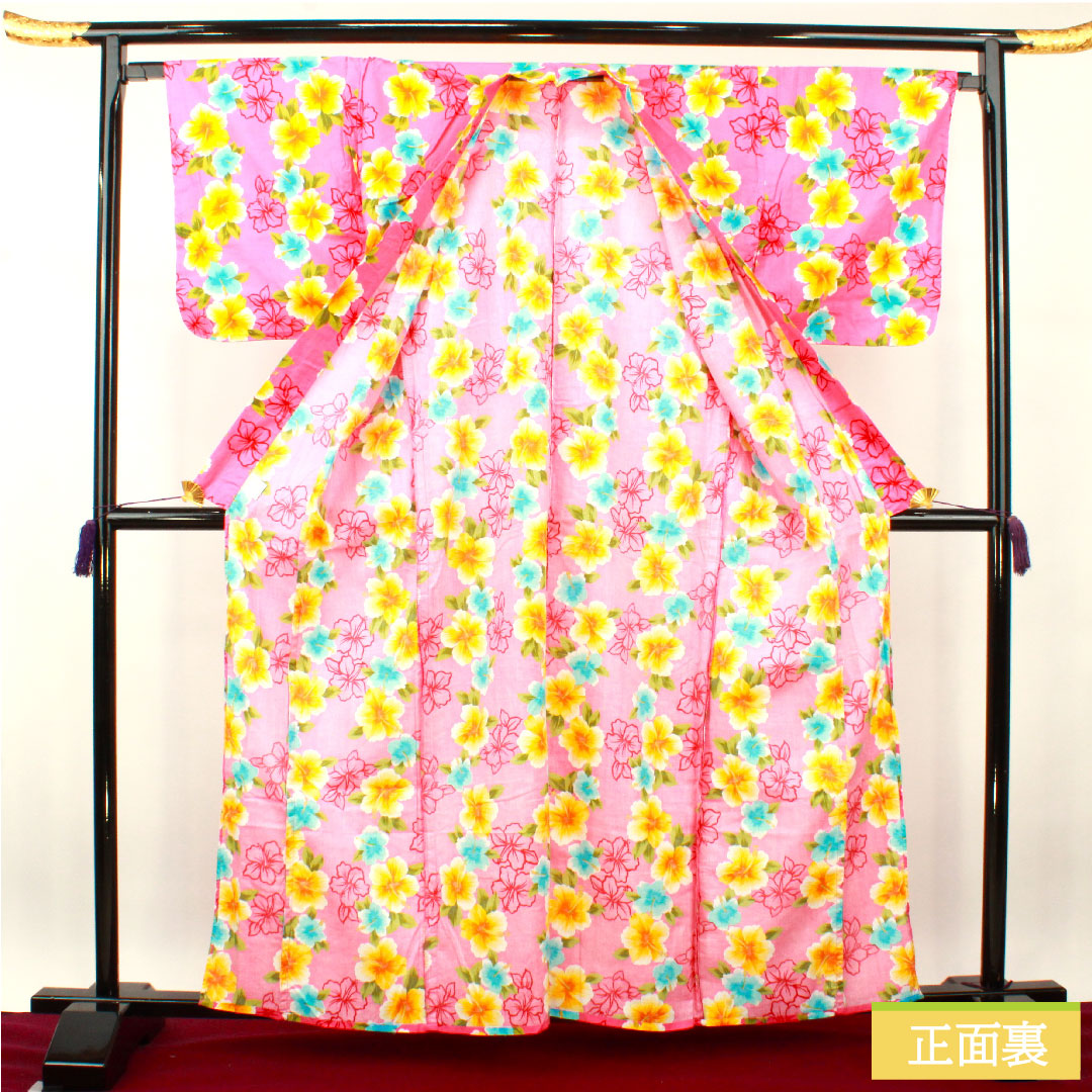 Yukata Cotton Length 162cm Sleeve length 66.5cm S rank Single layer Pink Hagi-iro (Hagi-iro) Hibiscus 1118005072413