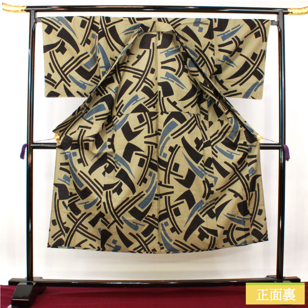 Yukata Cotton Length 143cm Sleeve length 69cm S rank Single layer Beige Edo-nezuiro Men's Abstract pattern 1118005112425