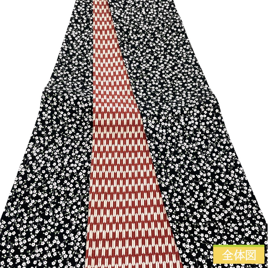 半幅帯 ポリエステル Sランク 黒色（くろいろ） 紅絹色（もみいろ） リバーシブル 染め帯 梅 矢羽根 帯丈388cm マルチカラー 1125004972328