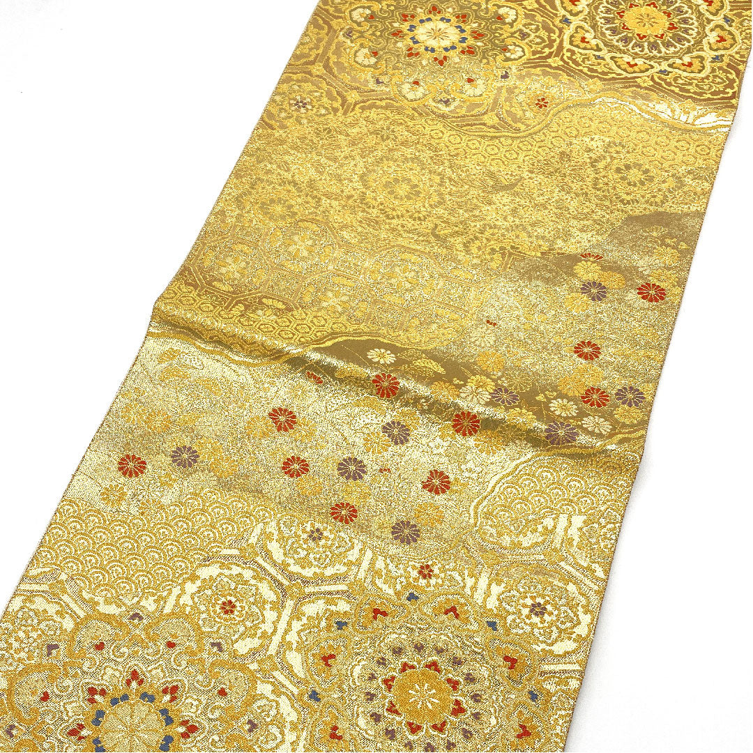 （未仕立）袋帯 道長秋草華文 長嶋成織物 帯丈428cm 正絹 Sランク 六通 フォーマル 金系 1123004692321