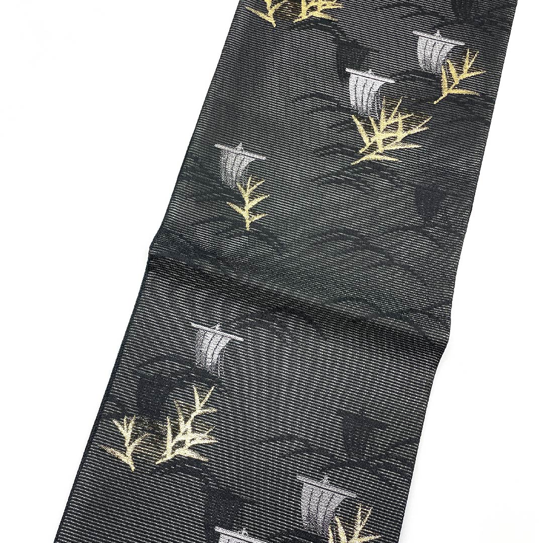 袋帯 夏帯 黒色 帆舟 夏物 帯丈444cm ポリエステル Aランク 六通 セミフォーマル 黒系 1123008553310