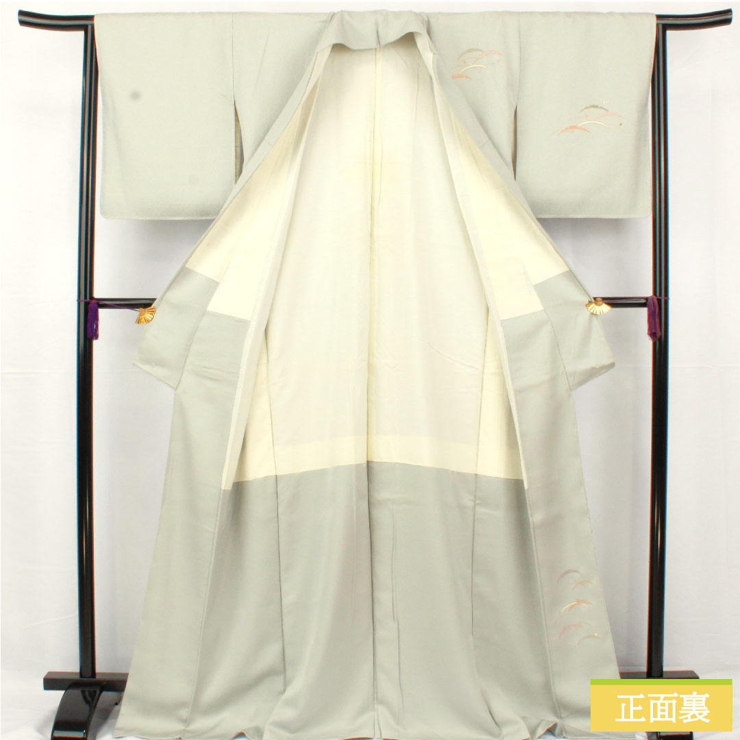 訪問着 正絹 袷 身丈168.5cm 裄丈63.5cm 魚肚白色（ぎょとはくいろ） 京友禅 露芝 しつけ糸付き Sランク グレー系 1112005002522