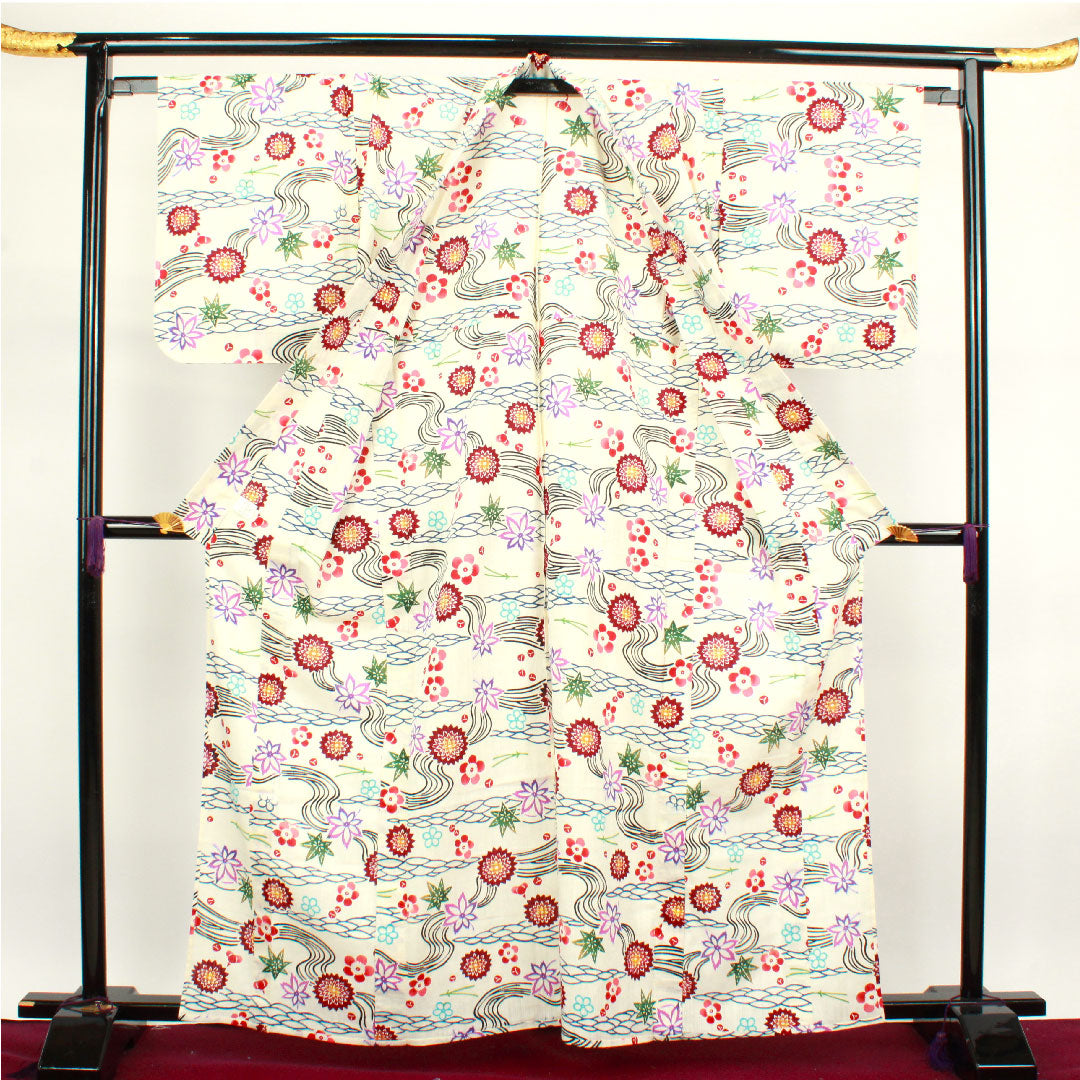 浴衣 しつけ糸付き 未使用品 乳白色 型染 綿麻 Sランク 単衣 身丈162cm 裄丈67cm クリーム系 1118002012415