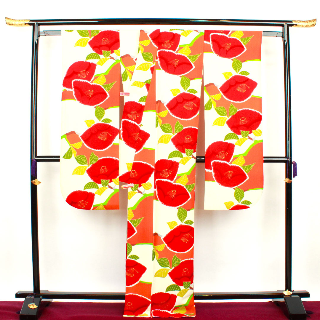 振袖 身丈170cm 裄丈65.5cm 袷  生成り色 洗える着物 椿  ポリ Aランク 白系 1113001413611