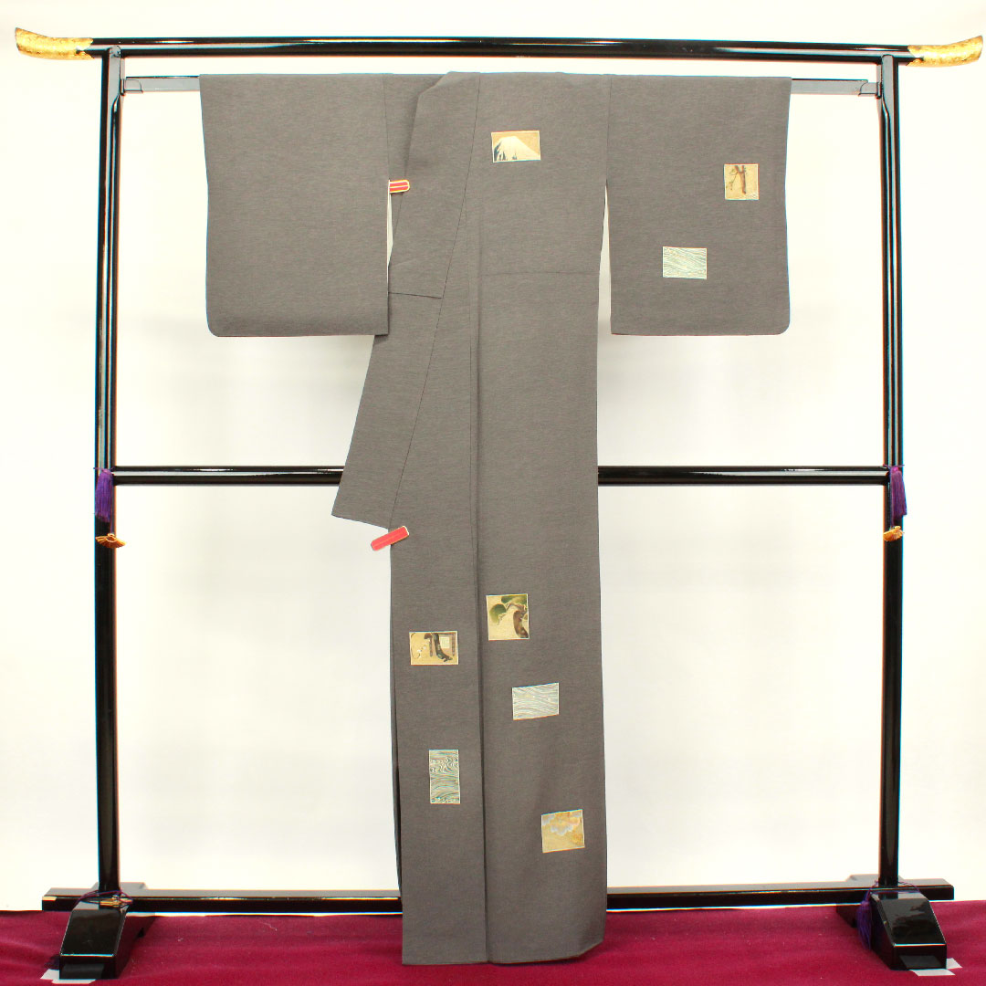 訪問着 袷 身丈163.5cm 裄丈67cm 具墨色 神坂雪佳 京友禅 浜ちりめん 丸に根笹 正絹 Sランク グレー系 1112002402422