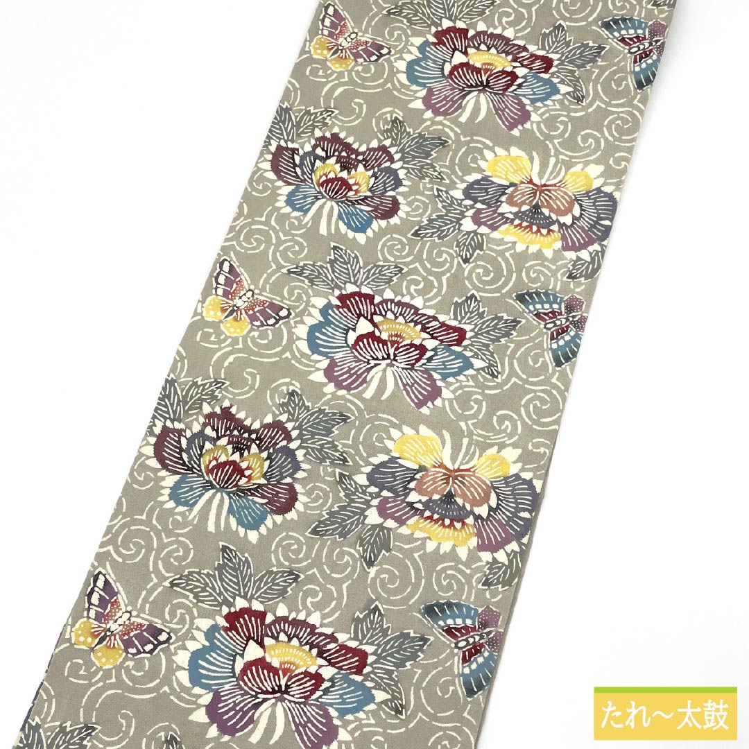 名古屋帯 正絹 Bランク 絹鼠色（きぬねずいろ） 型染 紅型調 牡丹 帯丈347cm 六通 カジュアル グレー系 1124010484322 名古屋仕立て