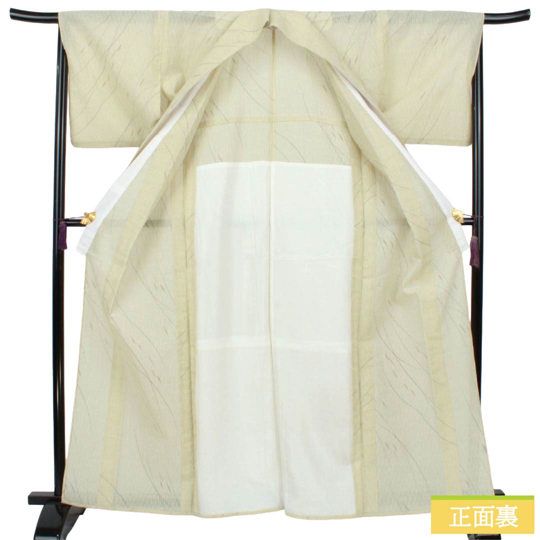 夏物 ポリエステル 紬 Aランク 身丈163.5cm 裄丈67cm 利休白茶色（りきゅうしらちゃいろ） 縮 洗える着物 抽象模様 紗 黄系 1132005593423