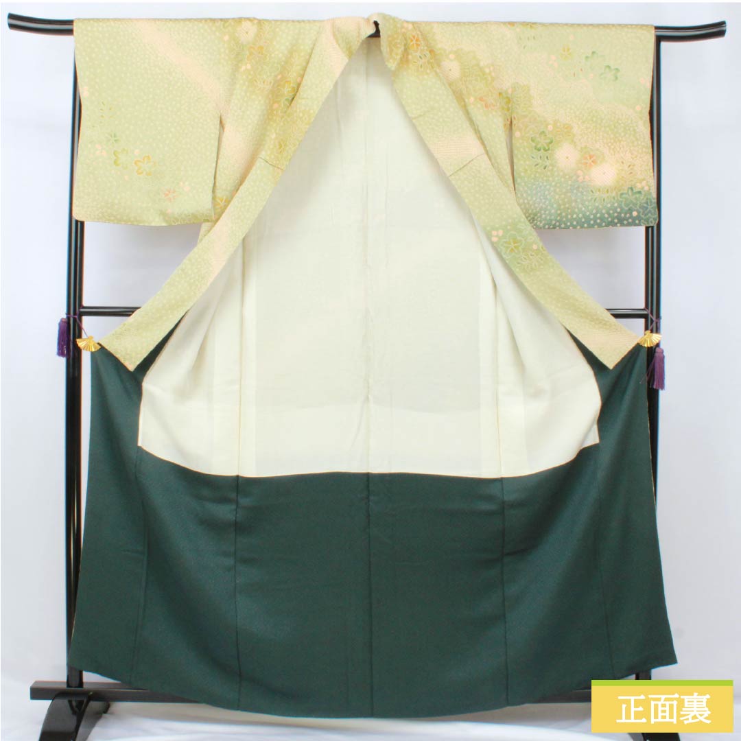 訪問着 正絹 Bランク 袷 身丈160.5cm 裄丈65.5cm 硫黄色（いおういろ） 総絞り 草花 緑系 1112007444419