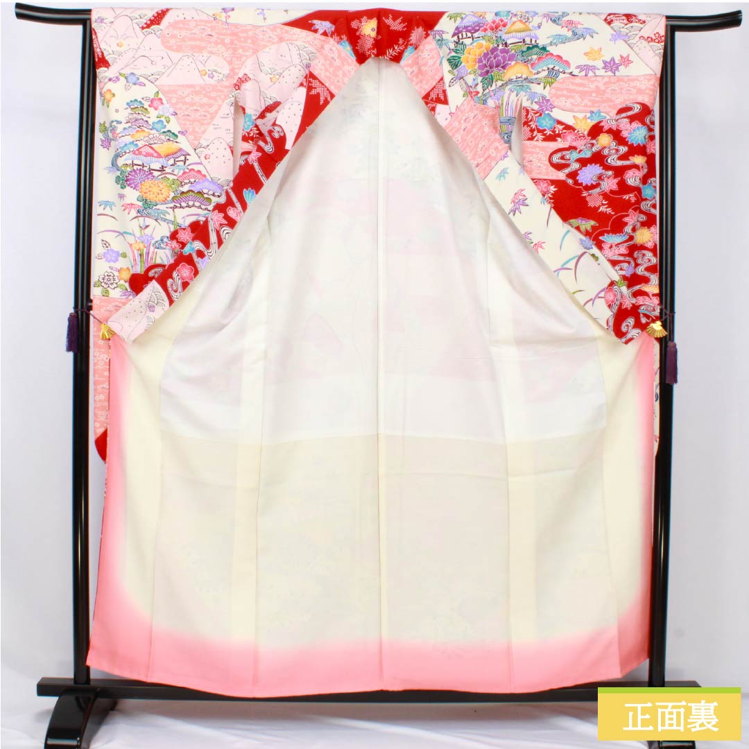 振袖 身丈158cm 裄丈63cm 正絹 名品 【中古】 振袖 身丈158cm 裄丈63cm S 袷 栗山吉三郎 紅型 落款あり 風景 鳥 山吹