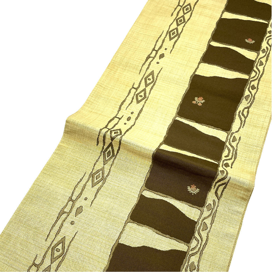 袋帯 抽象模様 帯丈422cm 正絹 Sランク 六通 カジュアル 黄系 1123004142323