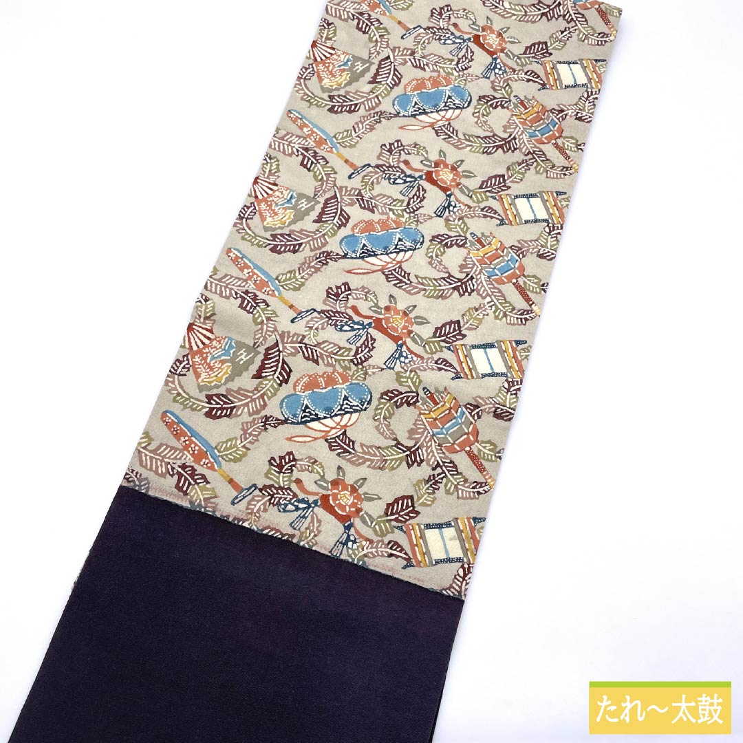 名古屋帯 正絹 Aランク 蕎麦切色（そばきりいろ） 型染 紅型調 抽象花 帯丈340cm 六通 カジュアル グレー系 1124010443322 名古屋仕立て