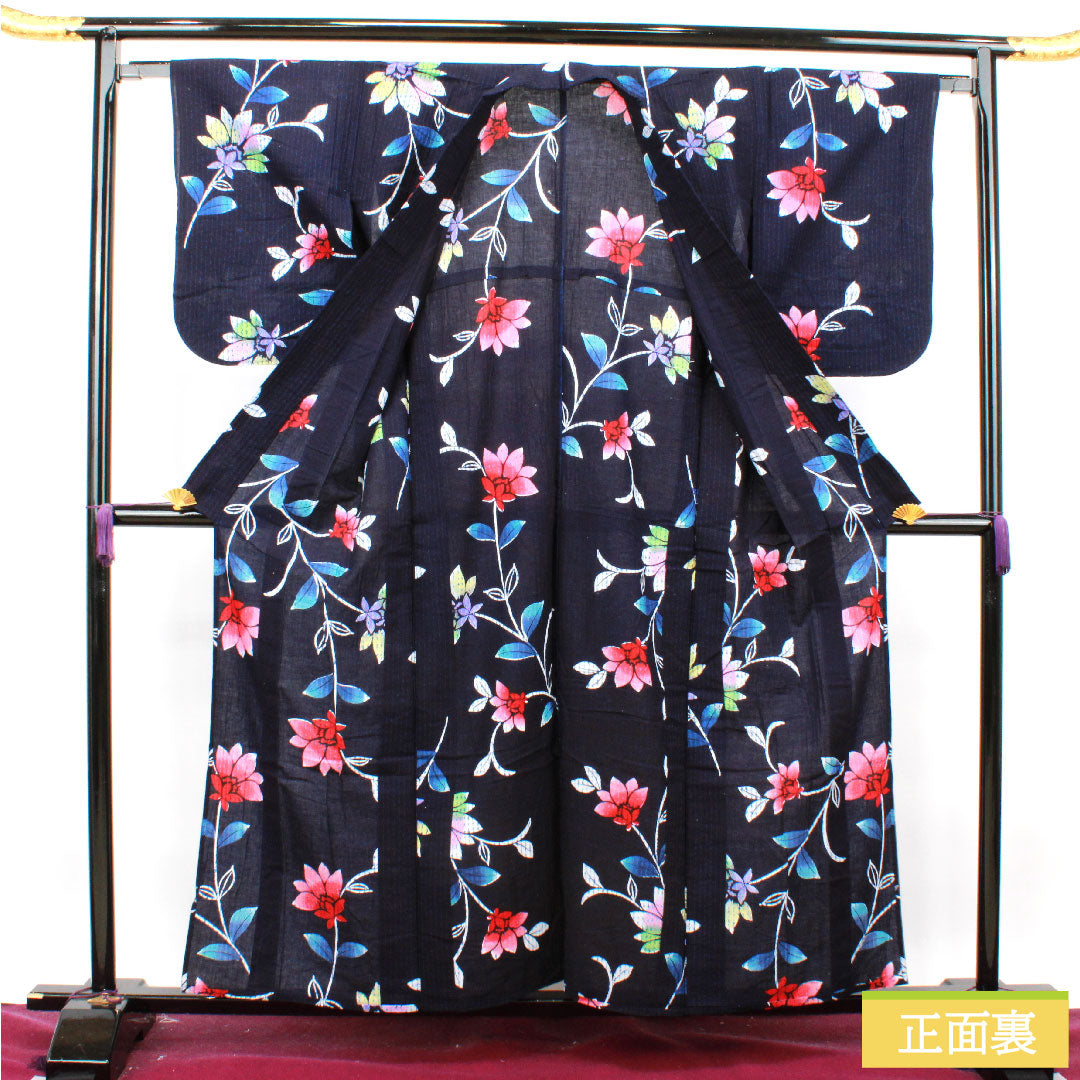 Yukata Cotton Length 158cm Sleeve length 61.5cm S rank Single layer Navy Deep navy Abstract flower 1118004862318