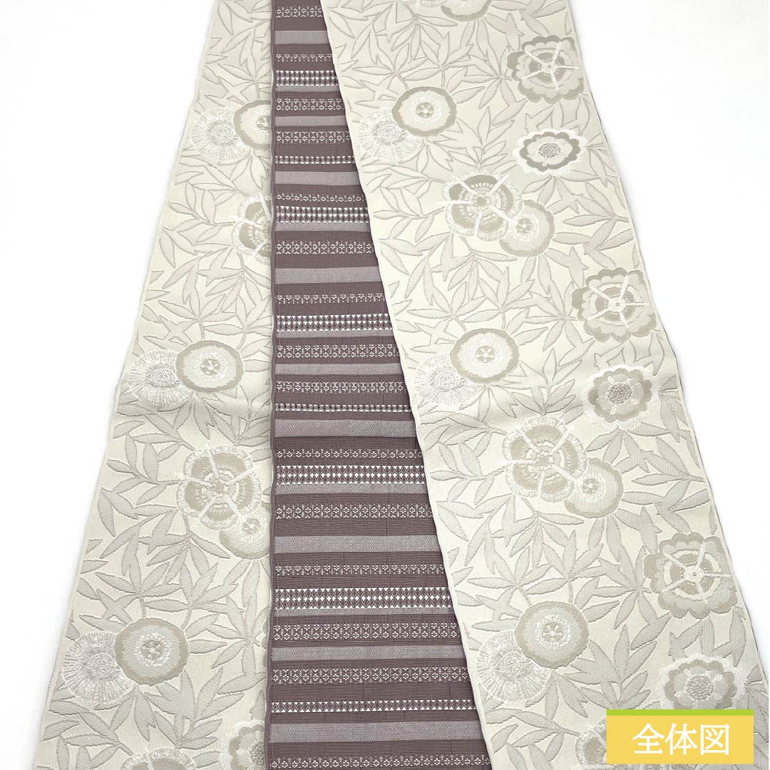 (New) Half-width obi, polyester, NEW rank, ivory, reddish-brown, abstract floral pattern, horizontal stripes, reversible, obi length 400cm, white-based, 1125002821411