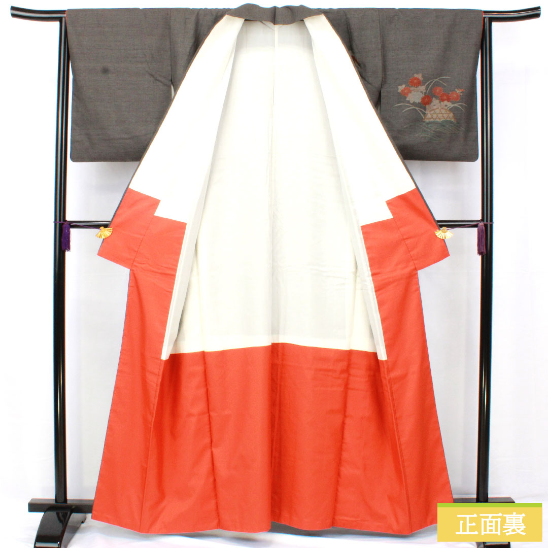 Homongi (formal kimono) made of pure silk, lined, length 160.5cm, sleeve length 63.5cm, Noshime-iro (wrapping color), pongee fabric, floral pattern, S rank, gray, 1112005442422