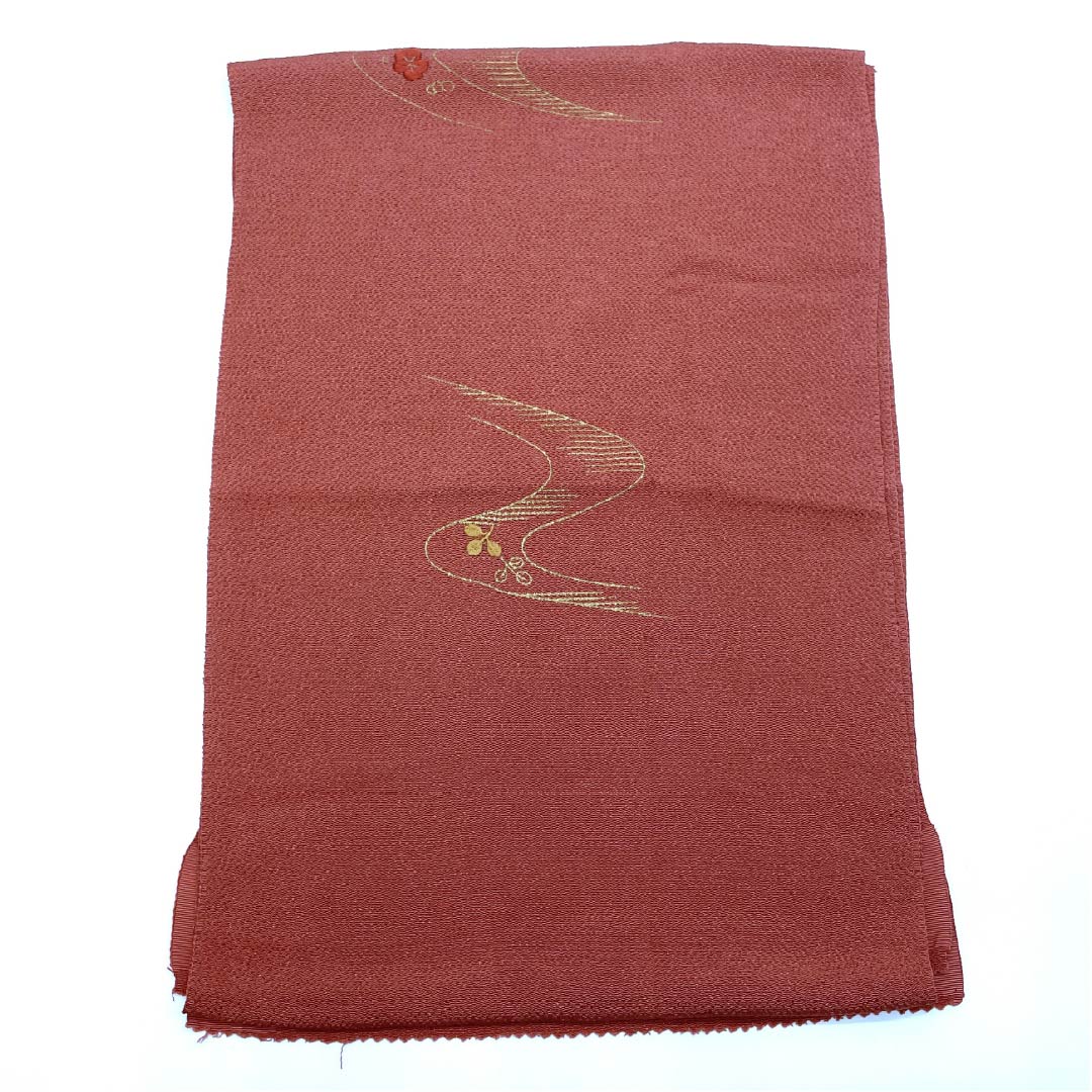 Obiage, pure silk, semi-formal, bengara color, autumn leaves, embroidery, classic pattern, length 170cm, width 29cm, S rank, brown, 1136000492914