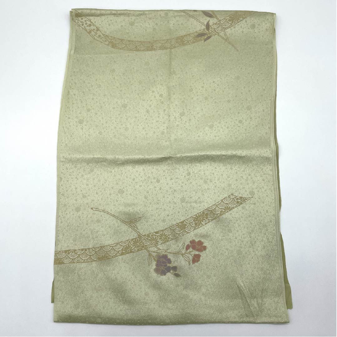 Obiage, pure silk, semi-formal, urayanagi-iro (back willow color), floral pattern, classic pattern, length 168cm, width 29cm, S rank, green, 1136000542919
