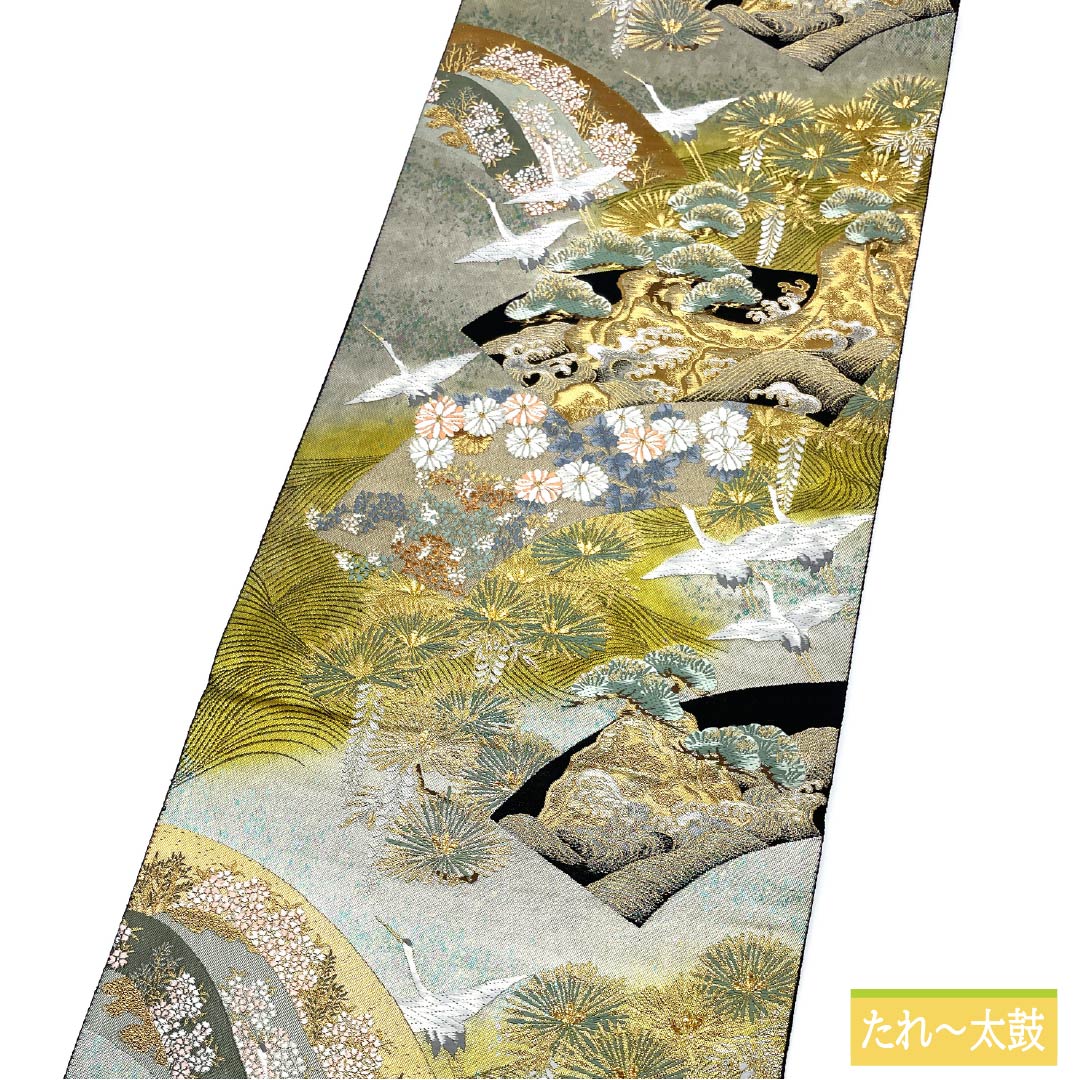 Silk Fukuro Obi for Tomesode, Crane, Fan, Chrysanthemum, Length 436cm, S Rank, Six-way, Formal, Black, 1123013362310