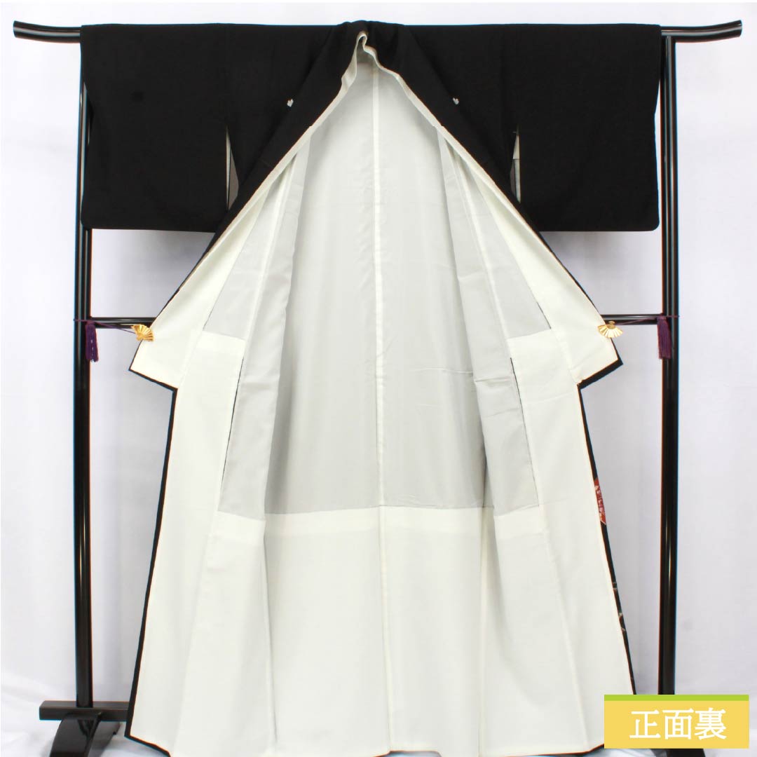 黒留袖 ポリエステル Aランク 身丈163.5cm 裄丈64cm 袷 五つ紋 五三桐 吉祥文様 鶴 松 梅 洗える着物 五つ紋 黒系 1111001833410