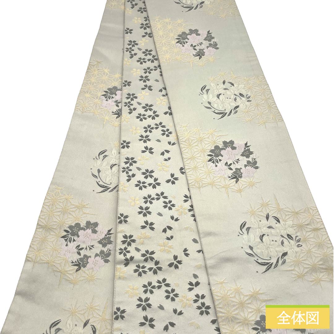 半幅帯 ポリエステル Aランク 絹鼠色（きぬねずいろ） 花 麻の葉模様 リバーシブル 広幅 帯丈400cm グレー系 1125003303422