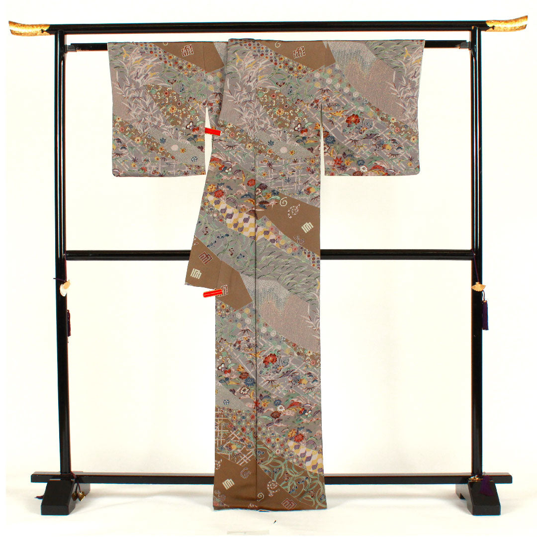 訪問着 袷 身丈165.5cm 裄丈66cm 京紅型 源氏香 草花模様 正絹 Aランク グレー系 1112001453522