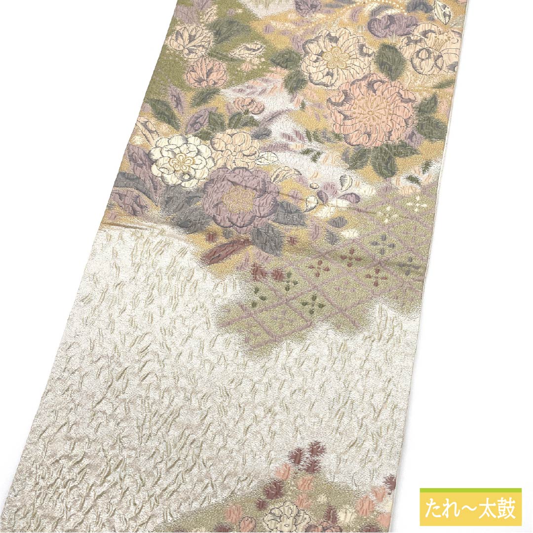 袋帯 正絹 胡粉色（ごふんいろ） 辻ヶ花 帯丈444cm Sランク 六通 フォーマル クリーム系 1123012122315