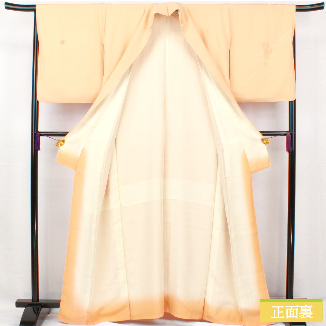 訪問着 正絹 袷 身丈161.5cm 裄丈66.5cm 肌色（はだいろ） 相良刺繡 扇子 鶴 一つ紋 上り藤に大の字 Aランク 橙系 1112005563426