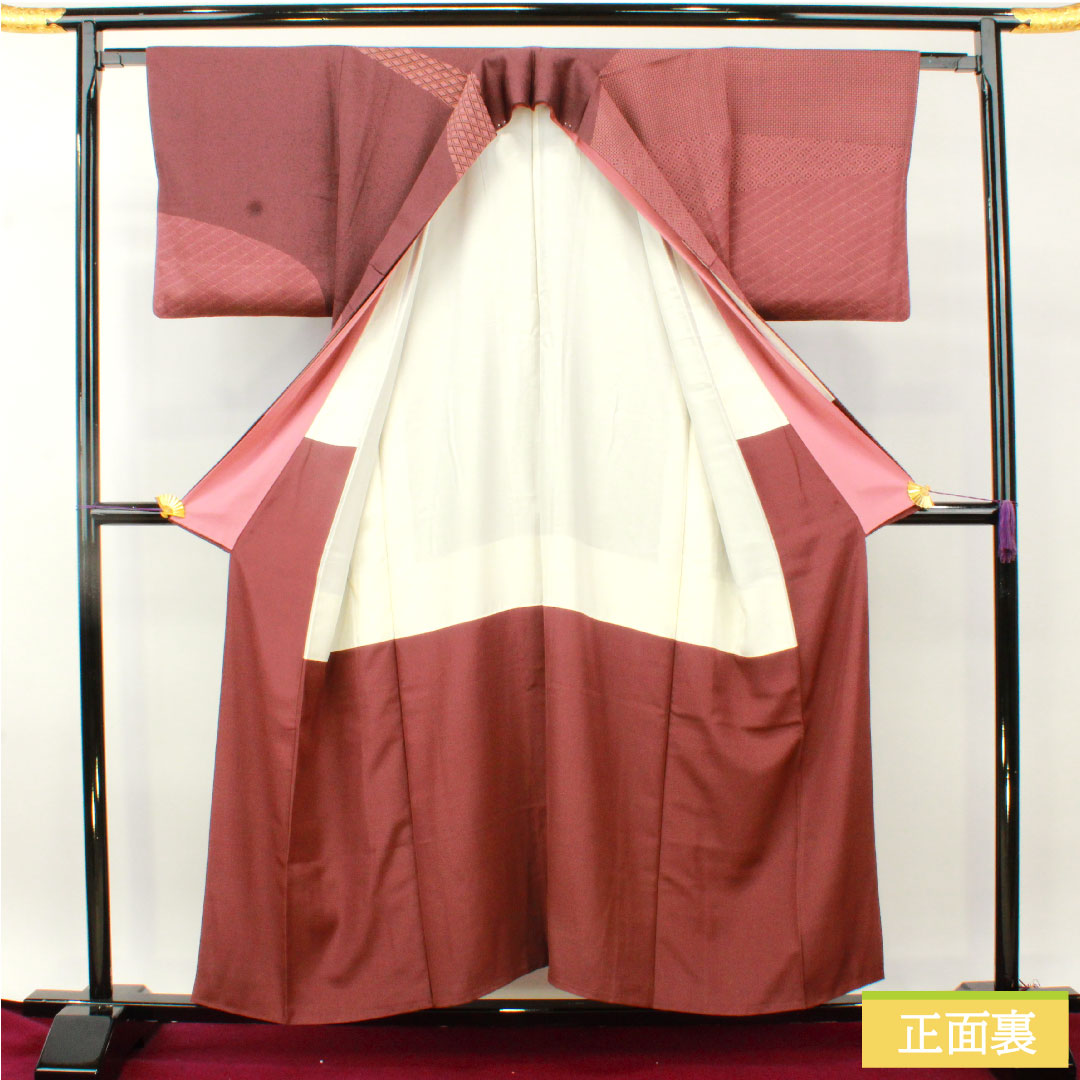 訪問着 正絹 袷 身丈155.5cm 裄丈63.5cm 積紅色（せきこういろ） 型染 割付文様 重ね衿付き Sランク 紫系 1112004792320